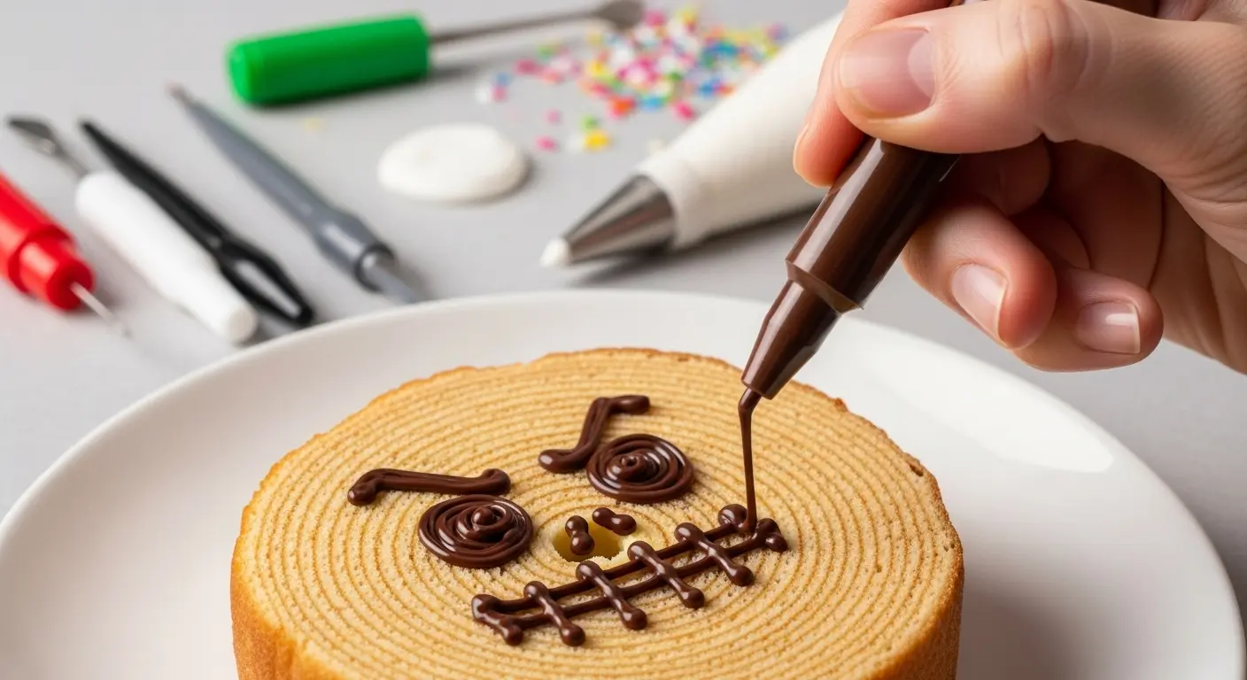 チョコペンでバームクーヘンに顔を描く様子