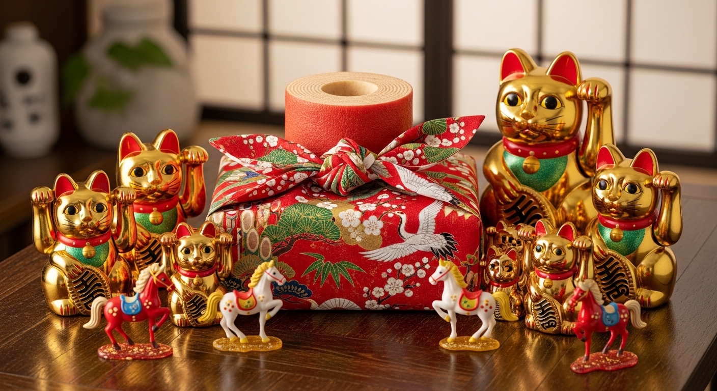 縁起物のバームクーヘンを風呂敷包装したお正月ギフト。