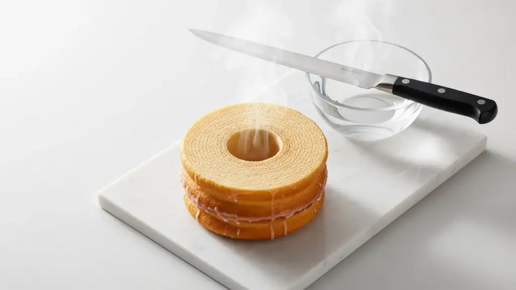 バウムクーヘンを焼き上げる職人の技術と層の美しさ。