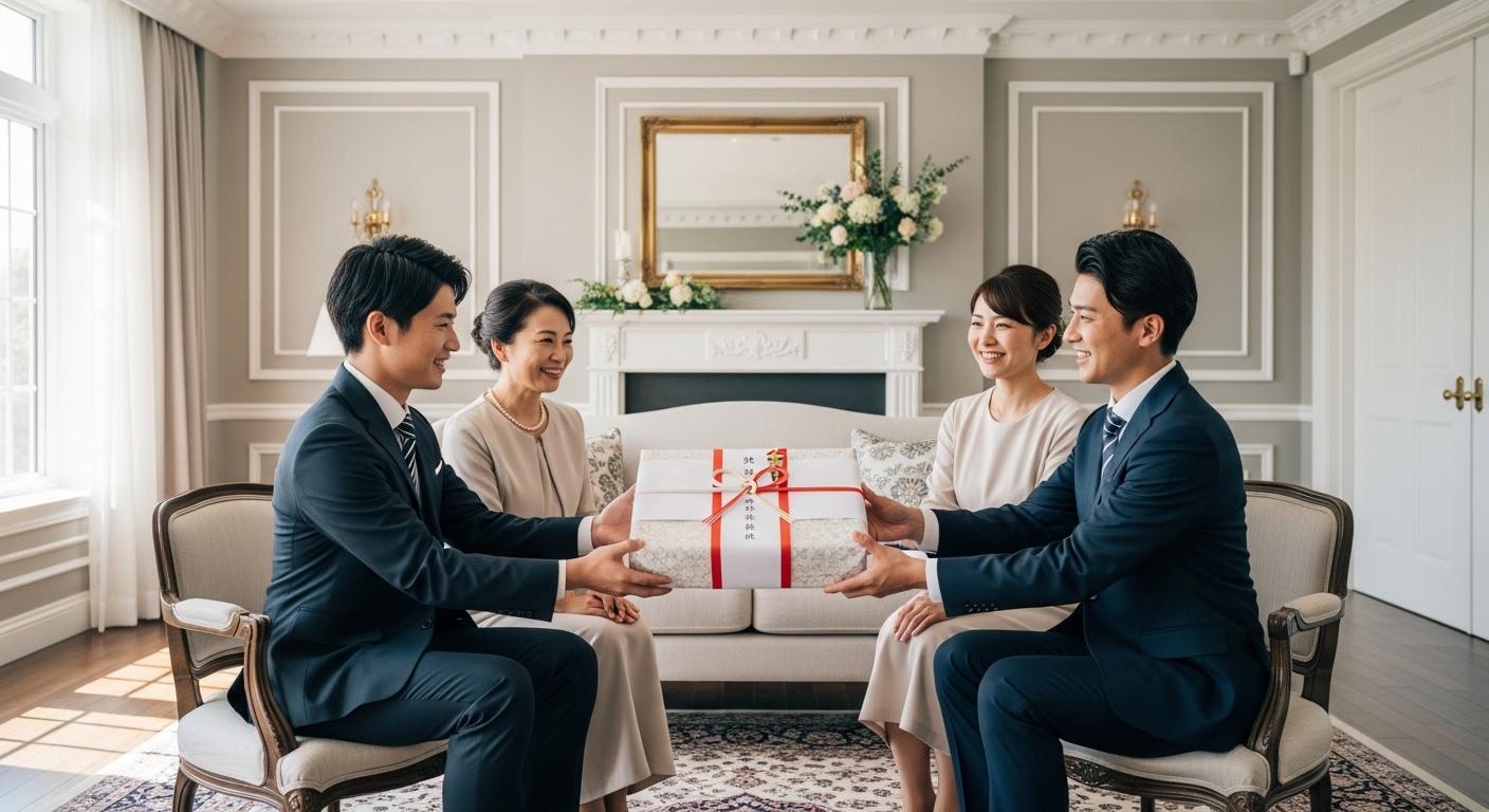 結婚挨拶で相手の両親に手土産を渡す新婚カップルの様子