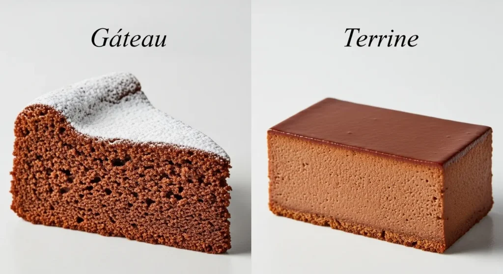 ガトーショコラとテリーヌショコラの断面と質感の比較