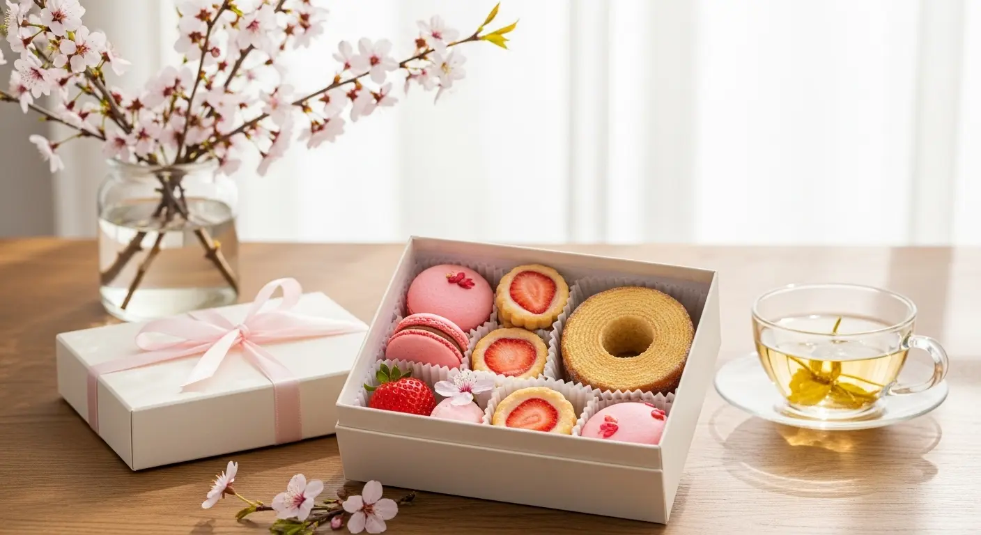 桜といちごのスイーツが美しく詰め合わされた春のギフトボックス